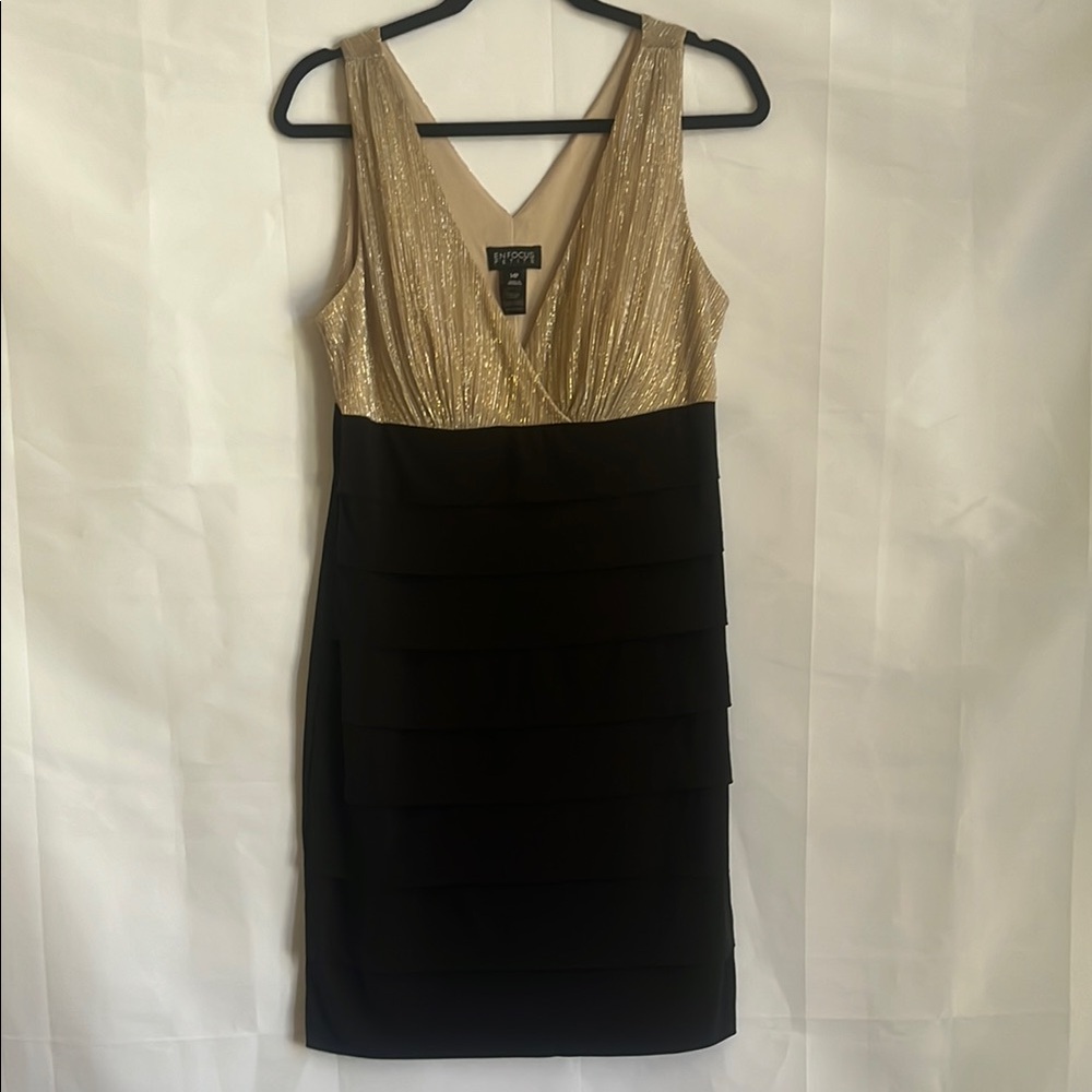 Enfocus Women's Sleeveless Black & Gold Midi Dress Metallic Clutch Size 14P